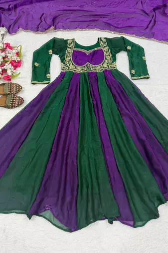 Designer green & purple anarkali gown with dupatta for women