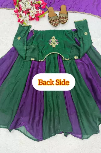 Designer green & purple anarkali gown with dupatta for women