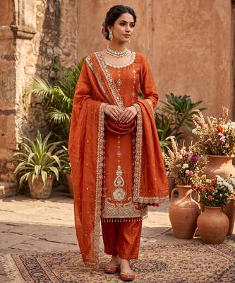 Rust orange embroidered straight kurta pant set with dupatta 1