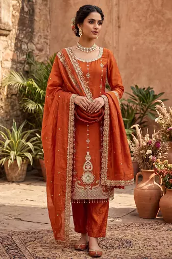 Rust orange embroidered straight kurta pant set with dupatta