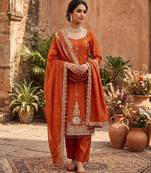 Rust orange embroidered straight kurta pant set with dupatta