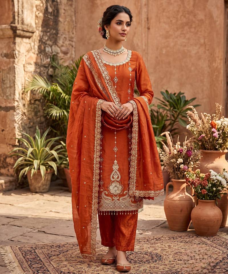 Rust orange embroidered straight kurta pant set with dupatta
