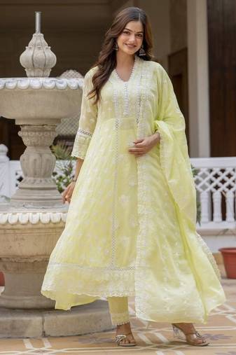 Lemon yellow embroidered anarkali kurta set with dupatta