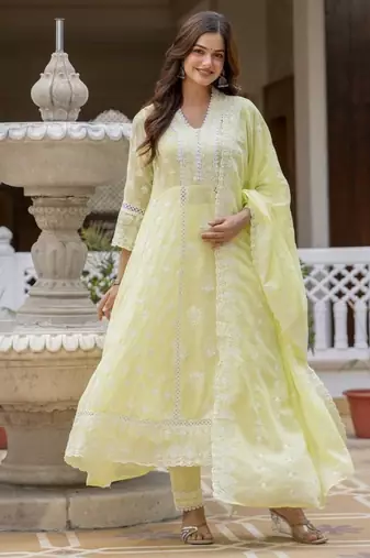 Lemon yellow embroidered anarkali kurta set with dupatta