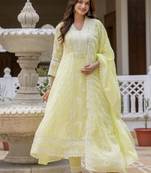 Lemon yellow embroidered anarkali kurta set with dupatta