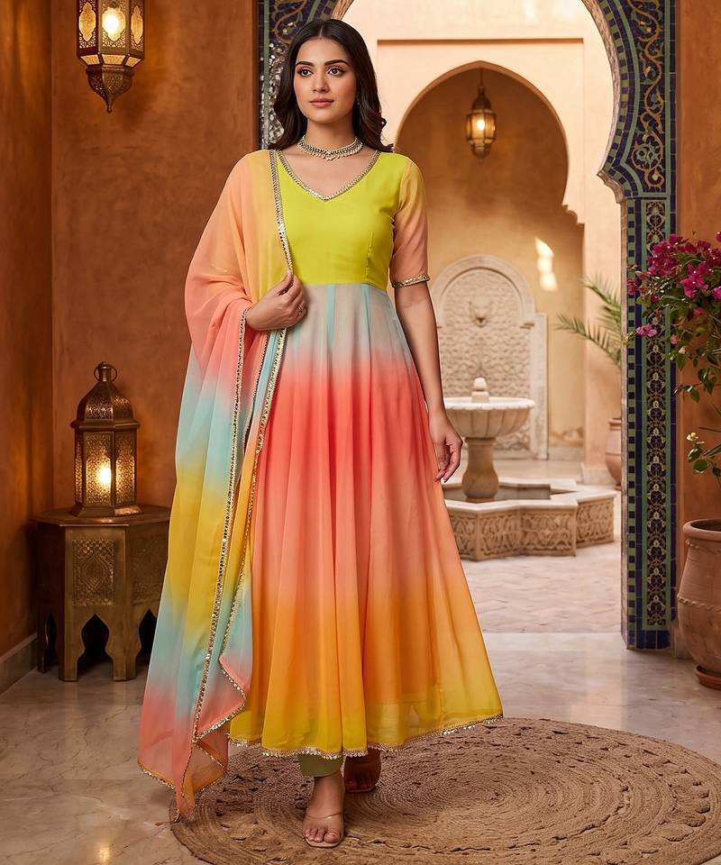 Designer multicolor ombre anarkali suit with dupatta