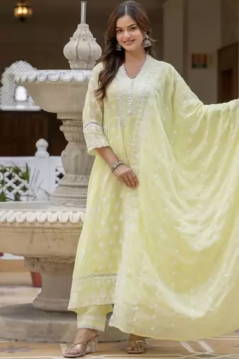 Lemon yellow embroidered anarkali kurta set with dupatta