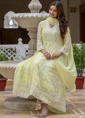 Lemon yellow embroidered anarkali kurta set with dupatta 3