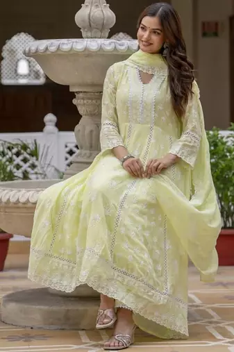 Lemon yellow embroidered anarkali kurta set with dupatta