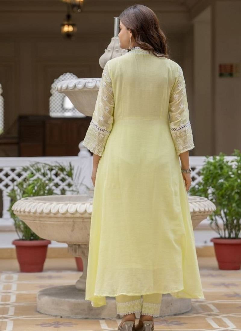 Lemon yellow embroidered anarkali kurta set with dupatta