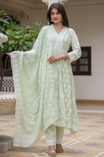 Pastel green embroidered anarkali kurta set with dupatta