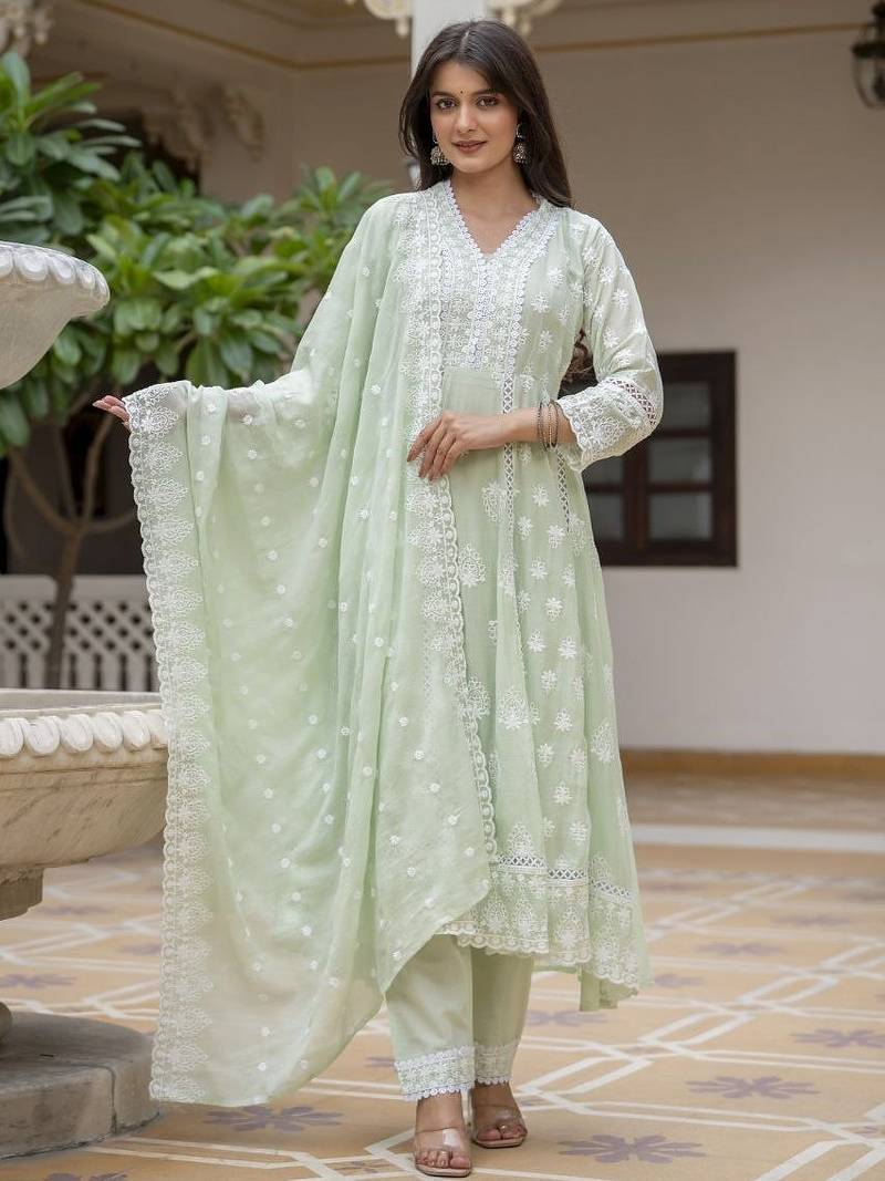 Pastel green embroidered anarkali kurta set with dupatta