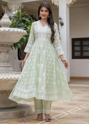 Pastel green embroidered anarkali kurta set with dupatta 2