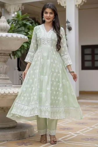 Pastel green embroidered anarkali kurta set with dupatta