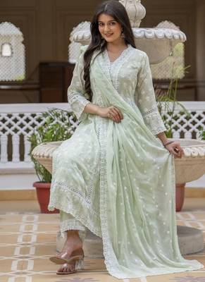 Pastel green embroidered anarkali kurta set with dupatta 3