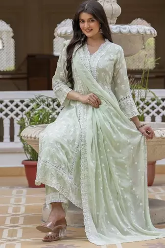 Pastel green embroidered anarkali kurta set with dupatta