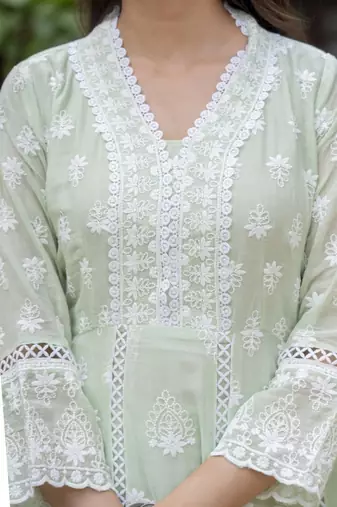 Pastel green embroidered anarkali kurta set with dupatta