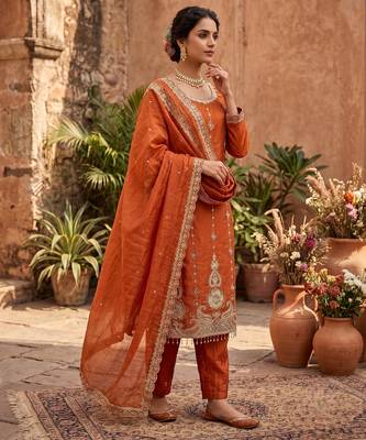 Rust orange embroidered straight kurta pant set with dupatta 2