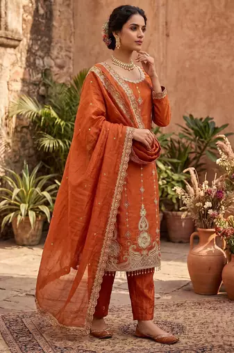 Rust orange embroidered straight kurta pant set with dupatta