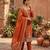 Rust orange embroidered straight kurta pant set with dupatta