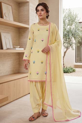 Pastel yellow embroidered farshi salwar suit with dupatta