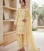 Pastel yellow embroidered farshi salwar suit with dupatta