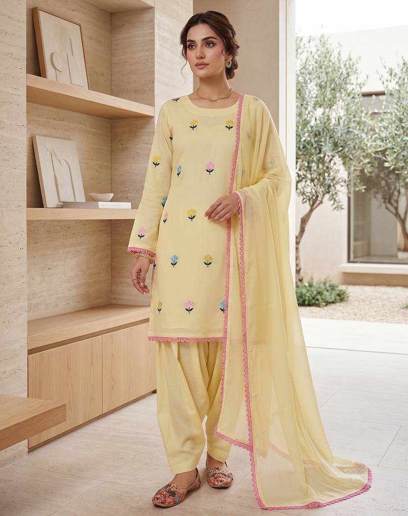 Pastel yellow embroidered farshi salwar suit with dupatta