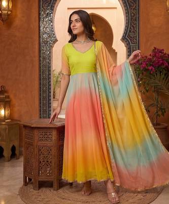 Designer multicolor ombre anarkali suit with dupatta 2