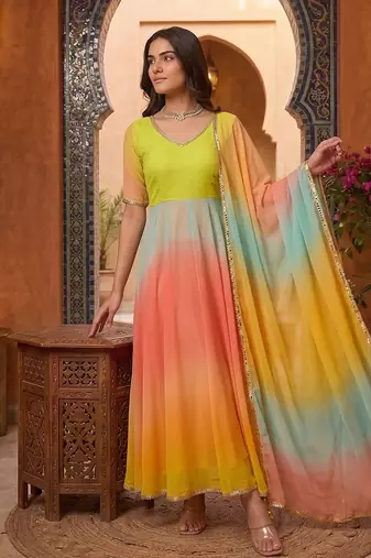 Designer multicolor ombre anarkali suit with dupatta