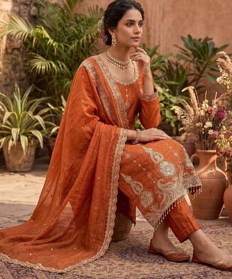 Rust orange embroidered straight kurta pant set with dupatta 3