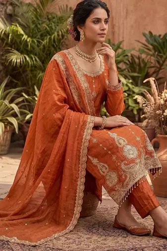 Rust orange embroidered straight kurta pant set with dupatta