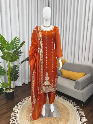 Rust orange embroidered straight kurta pant set with dupatta 4