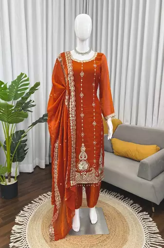 Rust orange embroidered straight kurta pant set with dupatta