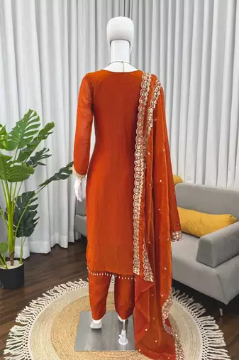 Rust orange embroidered straight kurta pant set with dupatta