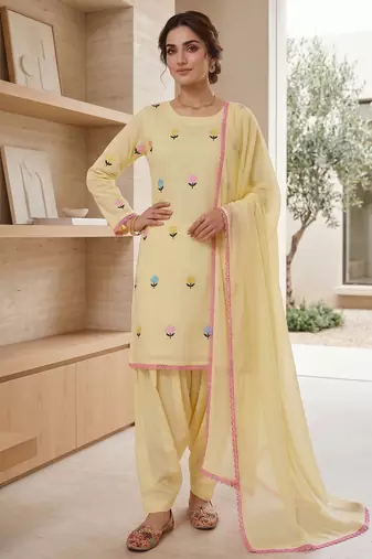 Pastel yellow embroidered farshi salwar suit with dupatta