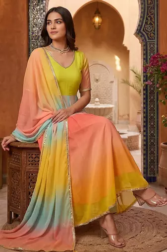 Designer multicolor ombre anarkali suit with dupatta