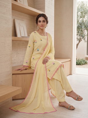 Pastel yellow embroidered farshi salwar suit with dupatta 3