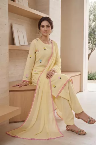 Pastel yellow embroidered farshi salwar suit with dupatta