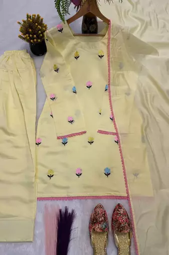Pastel yellow embroidered farshi salwar suit with dupatta
