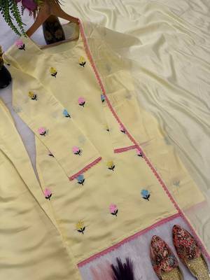 Pastel yellow embroidered farshi salwar suit with dupatta 5