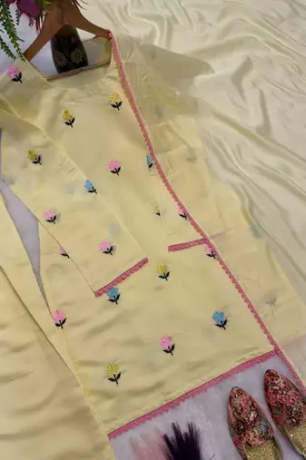 Pastel yellow embroidered farshi salwar suit with dupatta