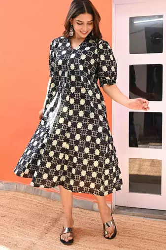 V neck black cotton A line dress
