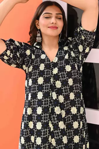 V neck black cotton A line dress
