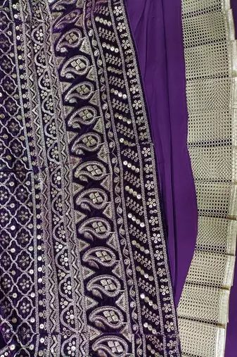Purple Velvet Heavy Sequins Embroidery Work Bridal Lehenga with Unstitched Blouse and Net Dupatta