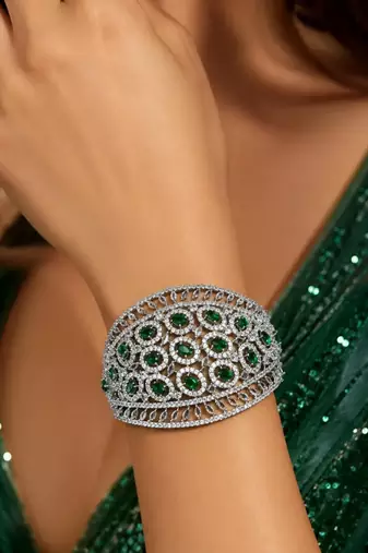 Emerald Green CZ Statement Cuff Bracelet, Silver Plated Art Deco Bangle