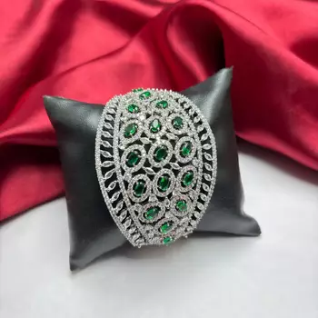 Emerald Green CZ Statement Cuff Bracelet, Silver Plated Art Deco Bangle 2