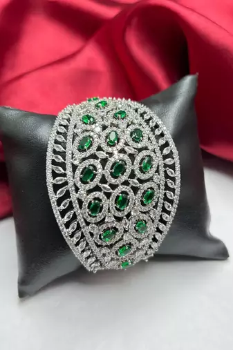 Emerald Green CZ Statement Cuff Bracelet, Silver Plated Art Deco Bangle