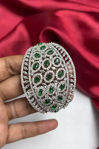 Emerald Green CZ Statement Cuff Bracelet, Silver Plated Art Deco Bangle