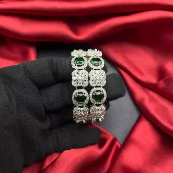 Emerald Green CZ Diamond Bangle Set: Silver Plated Indian Wedding Jewelry 1