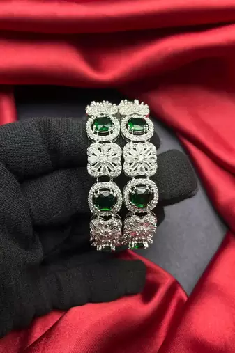 Emerald Green CZ Diamond Bangle Set: Silver Plated Indian Wedding Jewelry